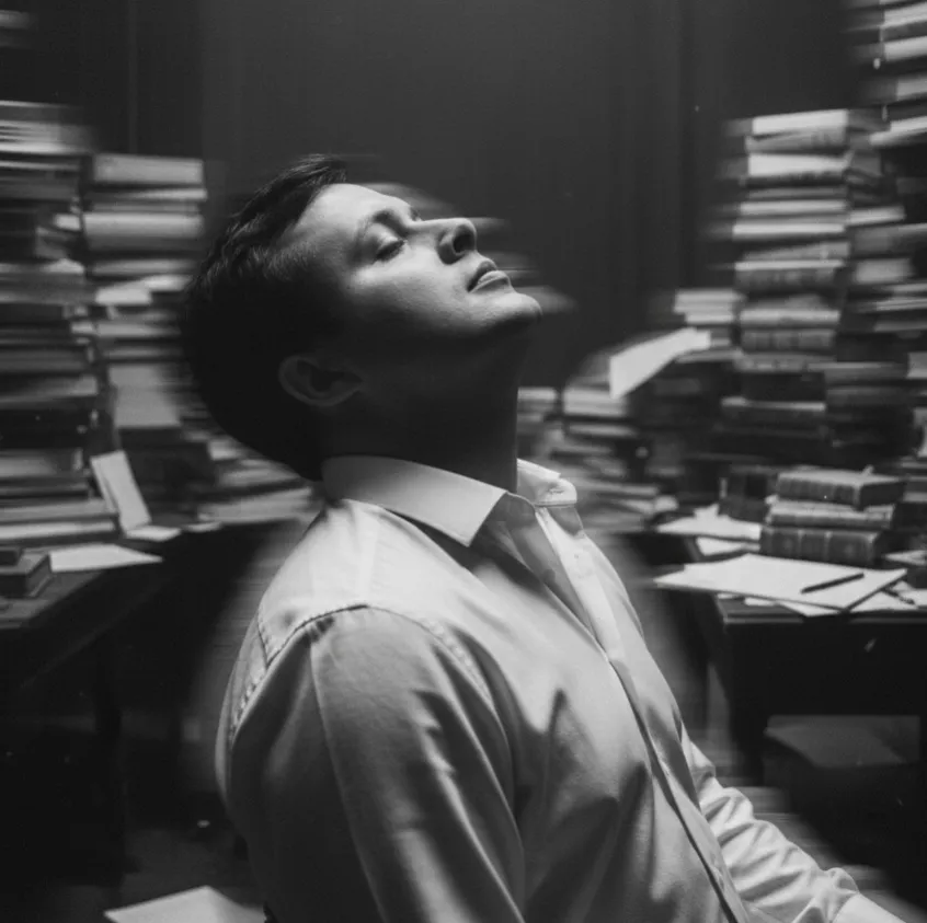 Michael Reis entre pilhas de livros